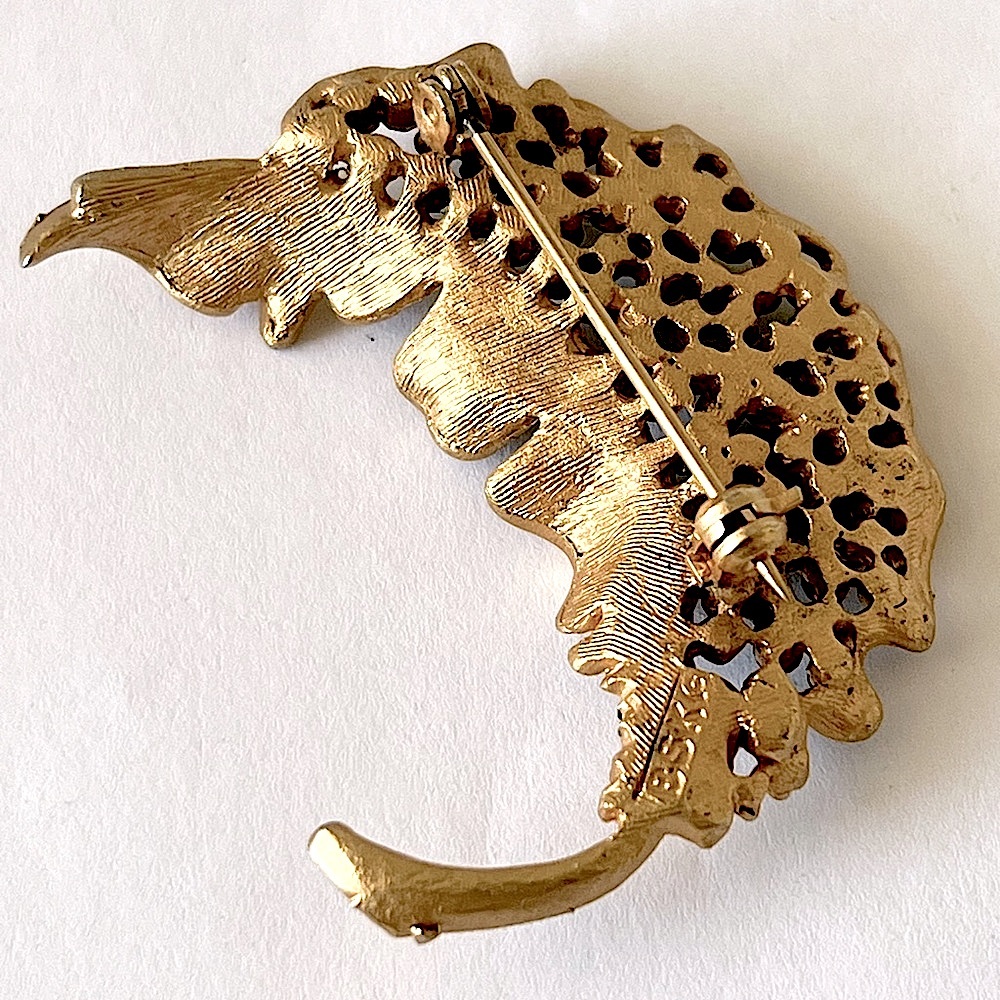 💚 Vintage Signed BSK Leaf Brooch & Clip On Green Gold Tone Earrings Set - Picture 12 of 15